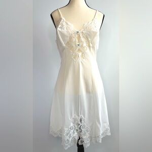 Vintage White Lace Sheer Midi Slip Dress Chemise Spaghetti Straps Pinup Girl Med